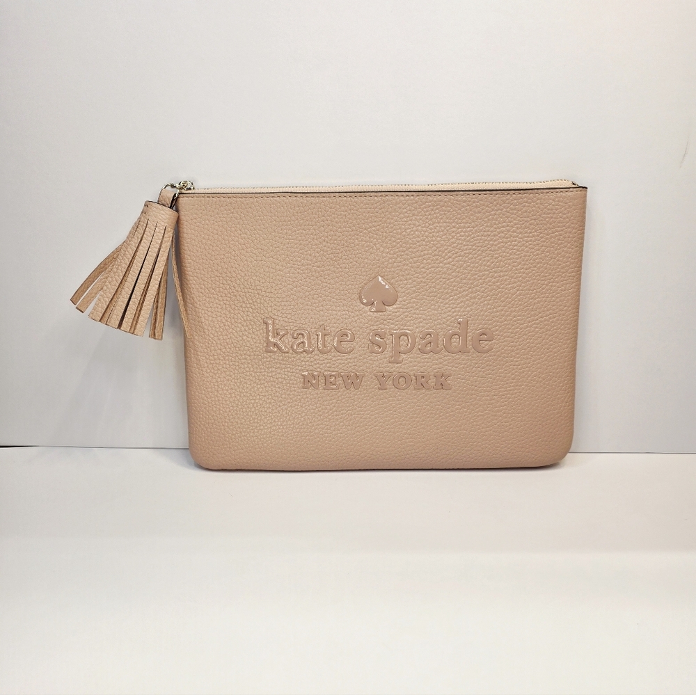 NEW KATE SPADE SIENNE LOGO LARGE TASSEL POUCH CLUTCH- ROSEY CHEEKS PINK. NWOT